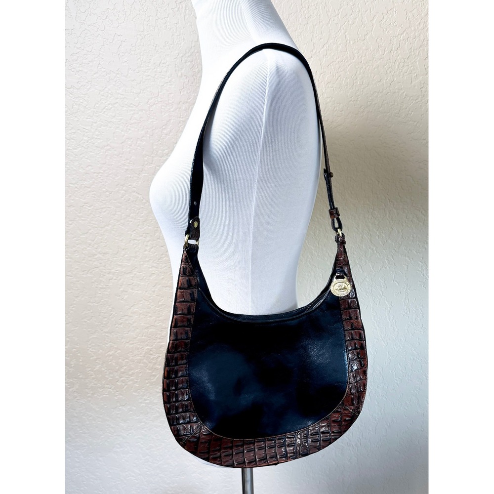 Brahmin Leather Hobo Shoulder Bag Black Brown Croc Embossed Purse Vintage